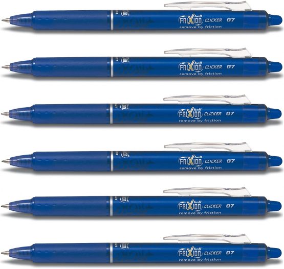 Pilot Blue Frixion Clicker Retractable Fine Bullet Tip Erasable Springs 0.7mm Nib 0.5mm Line BLRT-FR7 (Pack of 6)