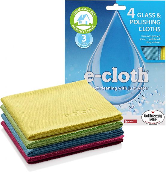 E-Cloth Glass & Polishing Microfibre Cleaning Cloth, 300 Wash Guarantee, Reusable, Assorted Colors, 4 Pack