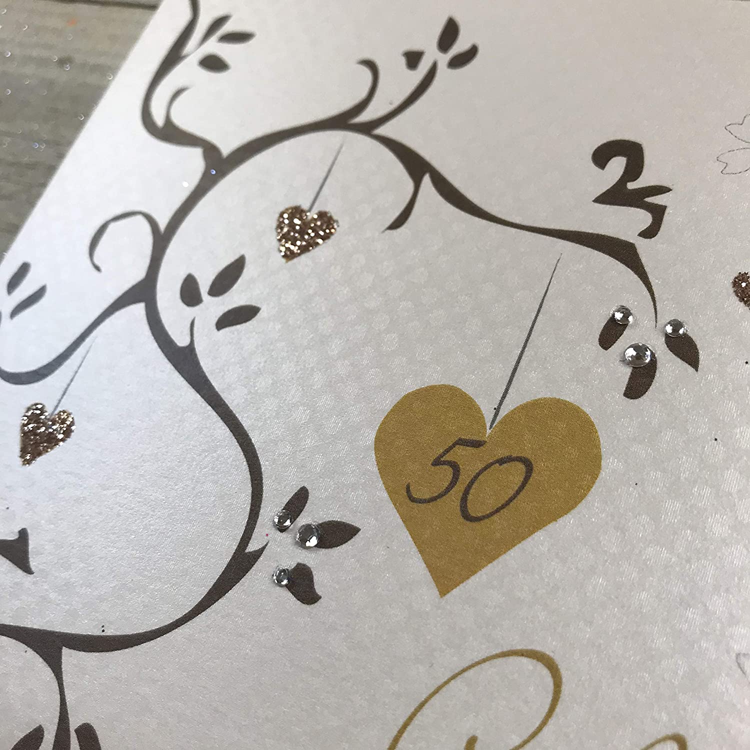 white cotton cards Golden Wedding, Handmade 50th Card (Anniversary Tree, Code AB50), 16cm x 16cm - Image 3
