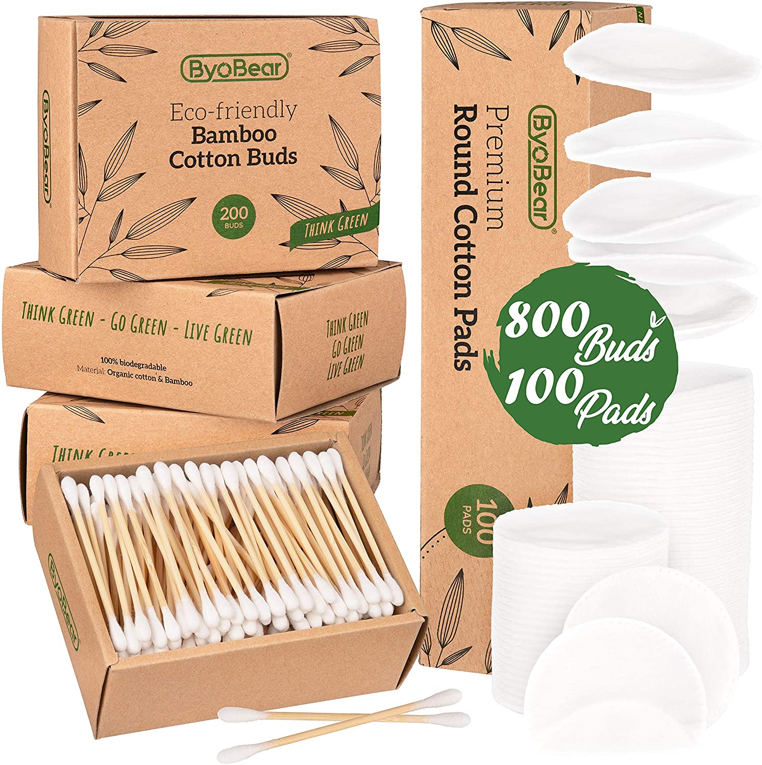 800 x Biodegradable Bamboo Cotton Buds & 100 x Premium Round Cotton