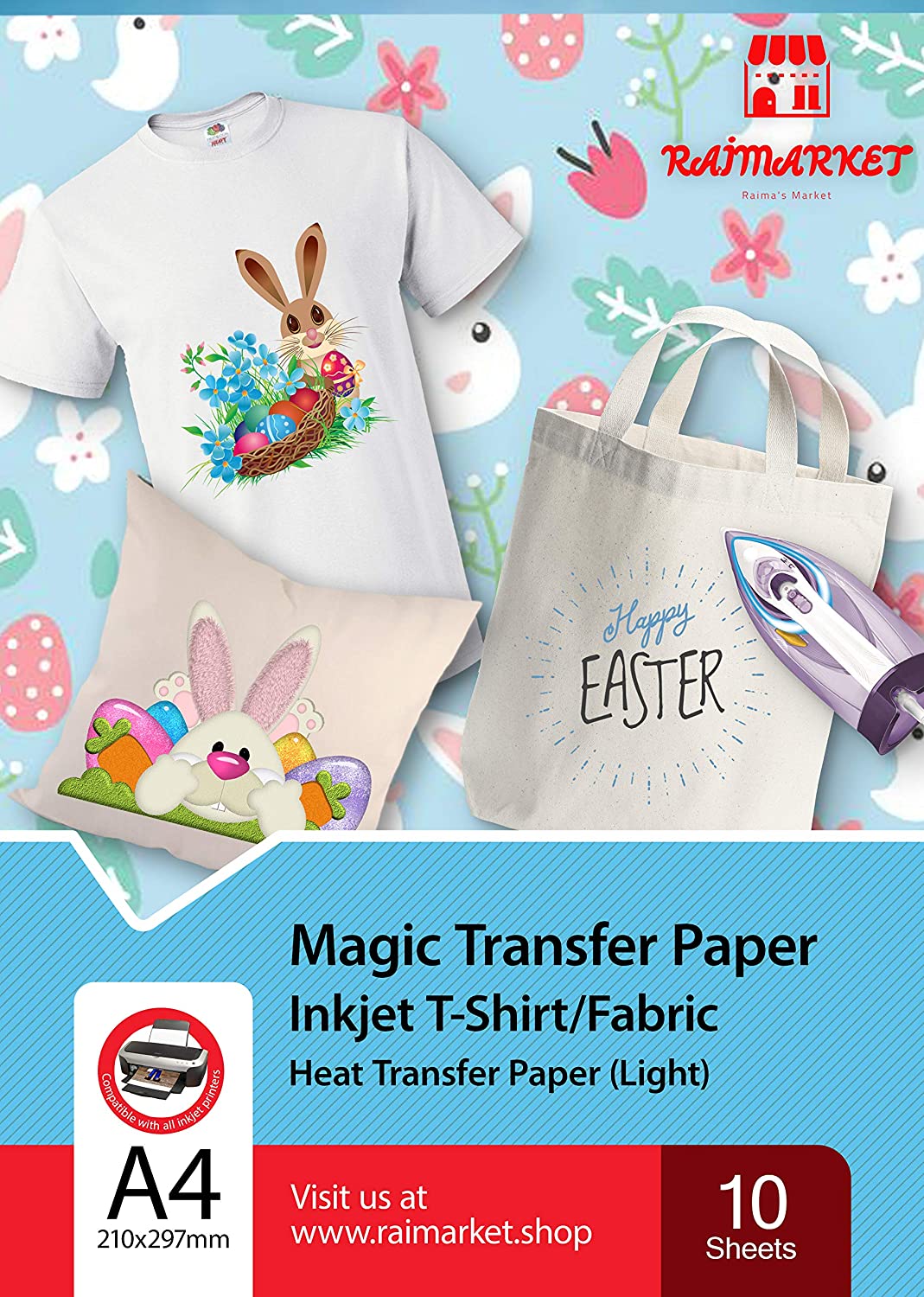 Raimarket Premium Iron-On Transfer Paper for Light Fabrics - A4, 10 Sheets, blue