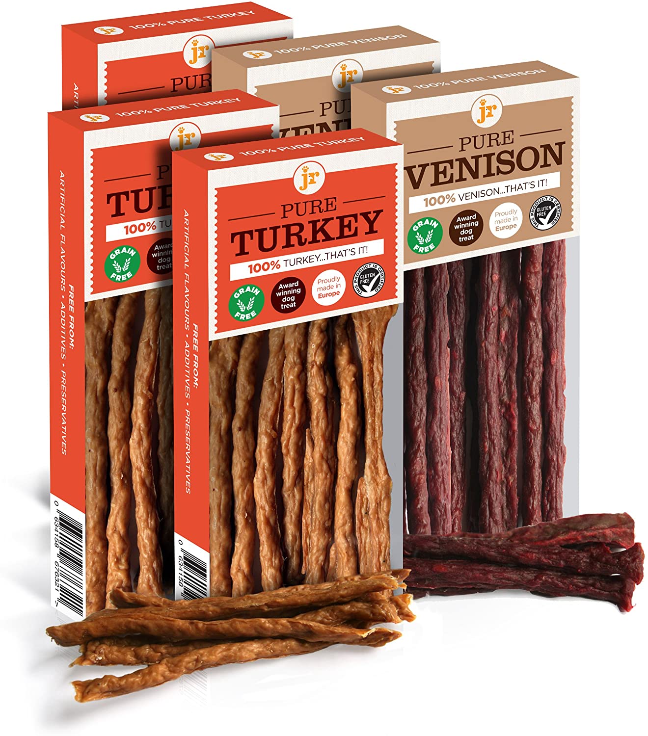 JR Pet Products 100% Pure dried fresh meat sticks for dogs 5 x 50g (3 x Turkey, 2 x Venison), 50 g (Pack of 5)