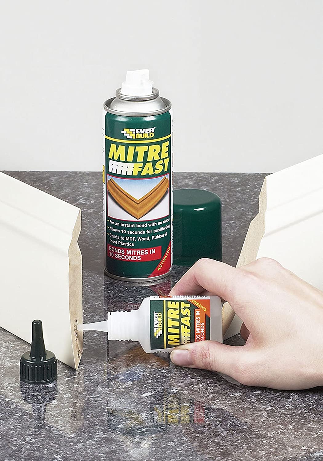 Everbuild Mitre Fast Two Part Bonding Kit - Suitable for Mitre Joints - Industrial Grade - Clear - 50g Adhesive/200ml Activator - Image 2