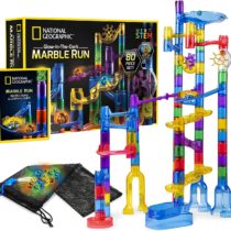 National Geographic Glowing Marble Run – 80 Piece Construction Set with 15 Glow in the Dark Glass Marbles, Mesh Storage Bag & Marble Pouch, Great Creative STEM Toy for Girls & Boys