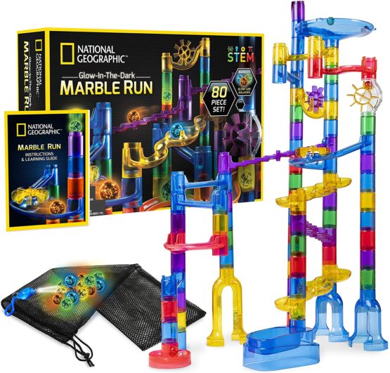 National Geographic Glowing Marble Run – 80 Piece Construction Set with 15 Glow in the Dark Glass Marbles, Mesh Storage Bag & Marble Pouch, Great Creative STEM Toy for Girls & Boys