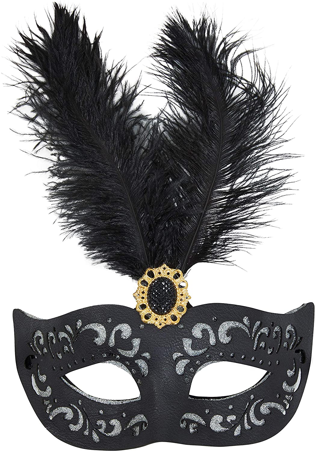 Bristol Novelty EM129 Black Eyemask W/Tall Feather + Stone, Women Halloween