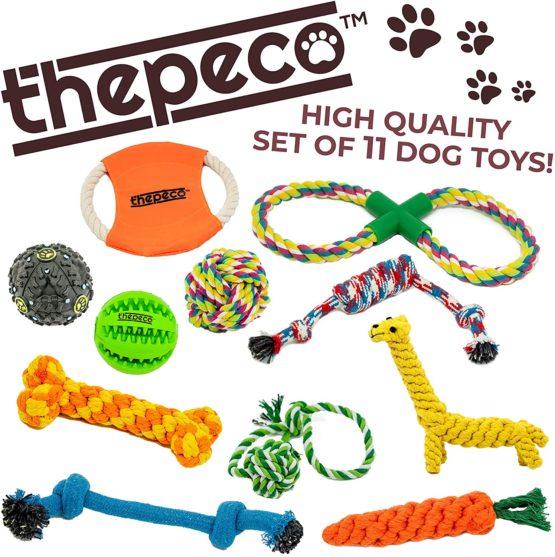11 Exciting Variety Pack of Puppy Toys. Includes Treat Dispensing Rubber Ball. Hard Wearing Rope Toys ideal for Interactive and Independent Play. Great Dog Toys for Boredom and Teething.