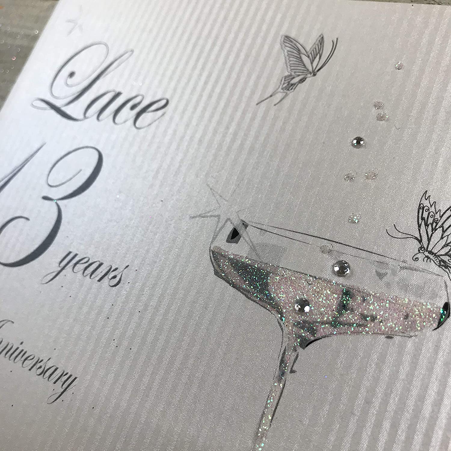 White Cotton Cards BD113C Coupe Glass "Happy Anniversary 'Lace' 13 Years" Handmade Anniversary Card, White,16cm X 16 cm - Image 2