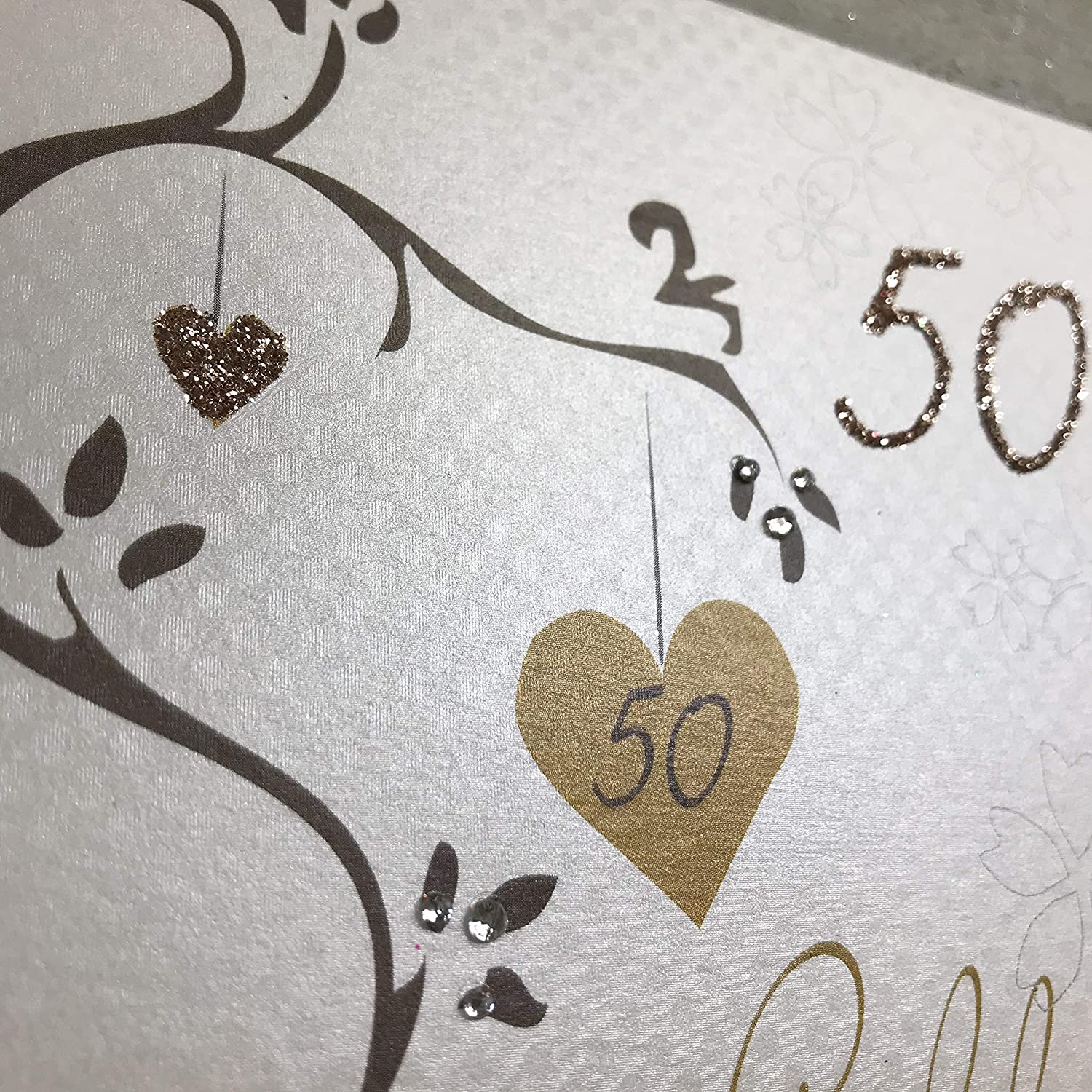 white cotton cards Golden Wedding, Handmade 50th Card (Anniversary Tree, Code AB50), 16cm x 16cm - Image 2