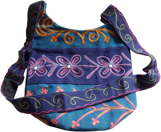 FAIR TRADE PADDED COTTON EMBROIDERED HIPPY BOHO SHOULDER SHOPPING BAG (Teal & Indigo) - Image 2
