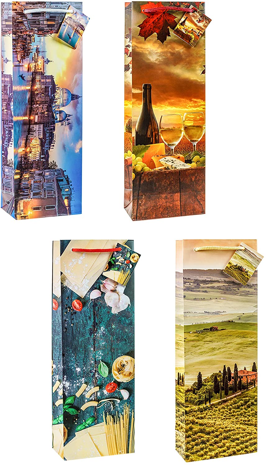 TSI 82280 gift bags Tuscany & Venice, Pack of 12, size: bottle large (14 x 4,5 x 3 inch), Motif Tuscany & Venice, 1 count (Pack of 12)