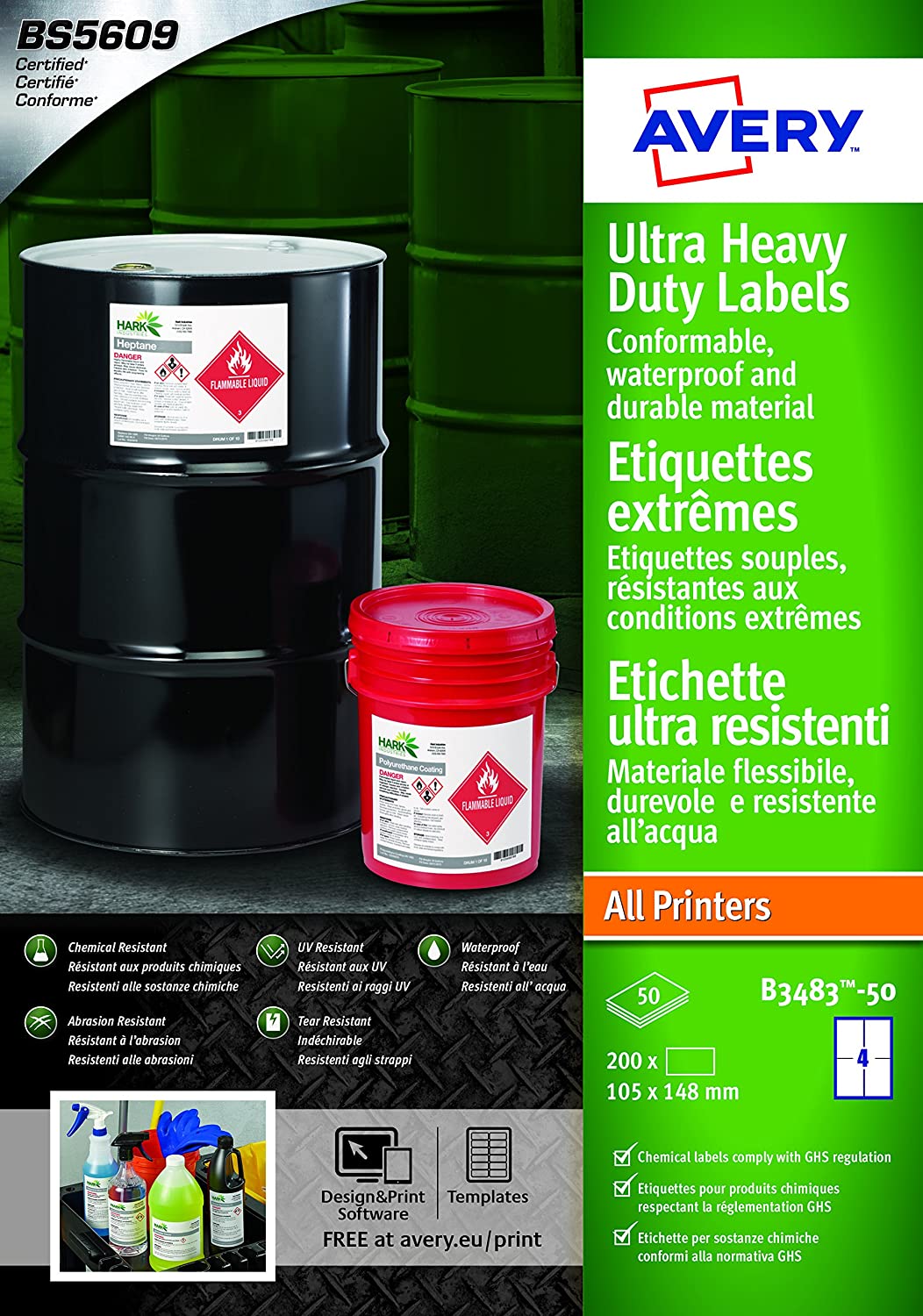 Avery B3483-50 Extra Strong Adhesive, Ultra Heavy Duty Industrial Waterproof Labels, 4 Labels Per A4 Sheet, White - Image 3
