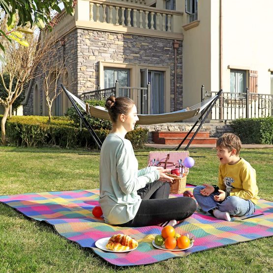 SONGMICS GCM50K 195 cm x 150 cm Picnic Blanket, Insulated, Waterproof, Red+Green+Orange - Image 2