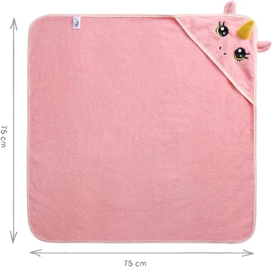 corimori 1846 - Hooded Baby Towel 100% Cotton Bath Wrap Newborn Infant With Greeting Card 75cm x 75cm, Rose The Pink Unicorn - Image 4