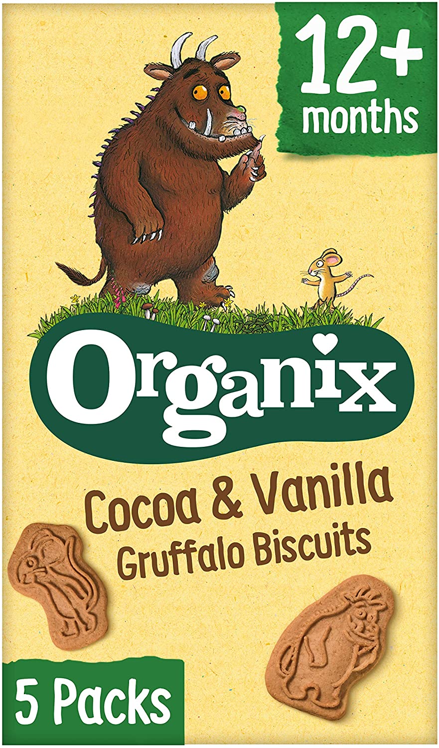 Organix Cocoa & Vanilla Gruffalo Biscuits, Organic Toddler Snacks, 12+ Months, Multipack, 5 x 20 g Bags Per Box (3 Boxes Total)