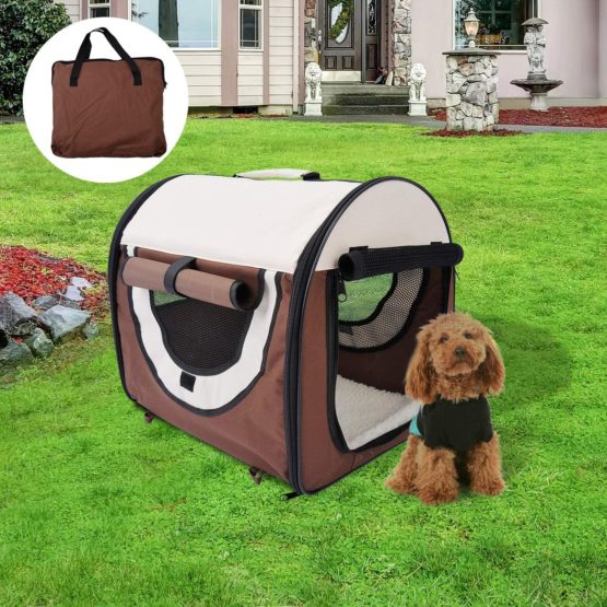 Pawhut Folding Fabric Soft Pet Crate Dog Cat Travel Carrier Cage Kennel House Brown 46L x 36W x 41H cm - Image 4