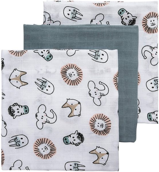 Meyco 452019 Muslin Muslin Nappies Set of 3 70 x 70 cm Animal Plain Stone Green/White