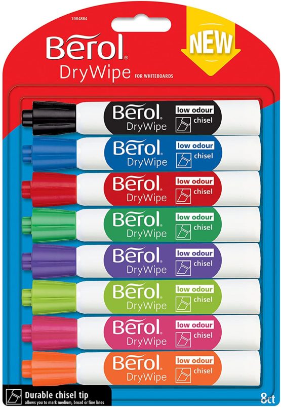 Berol Dry Wipe Chisel Tip Whiteboard Marker, Assorted Colours, Pack of 8