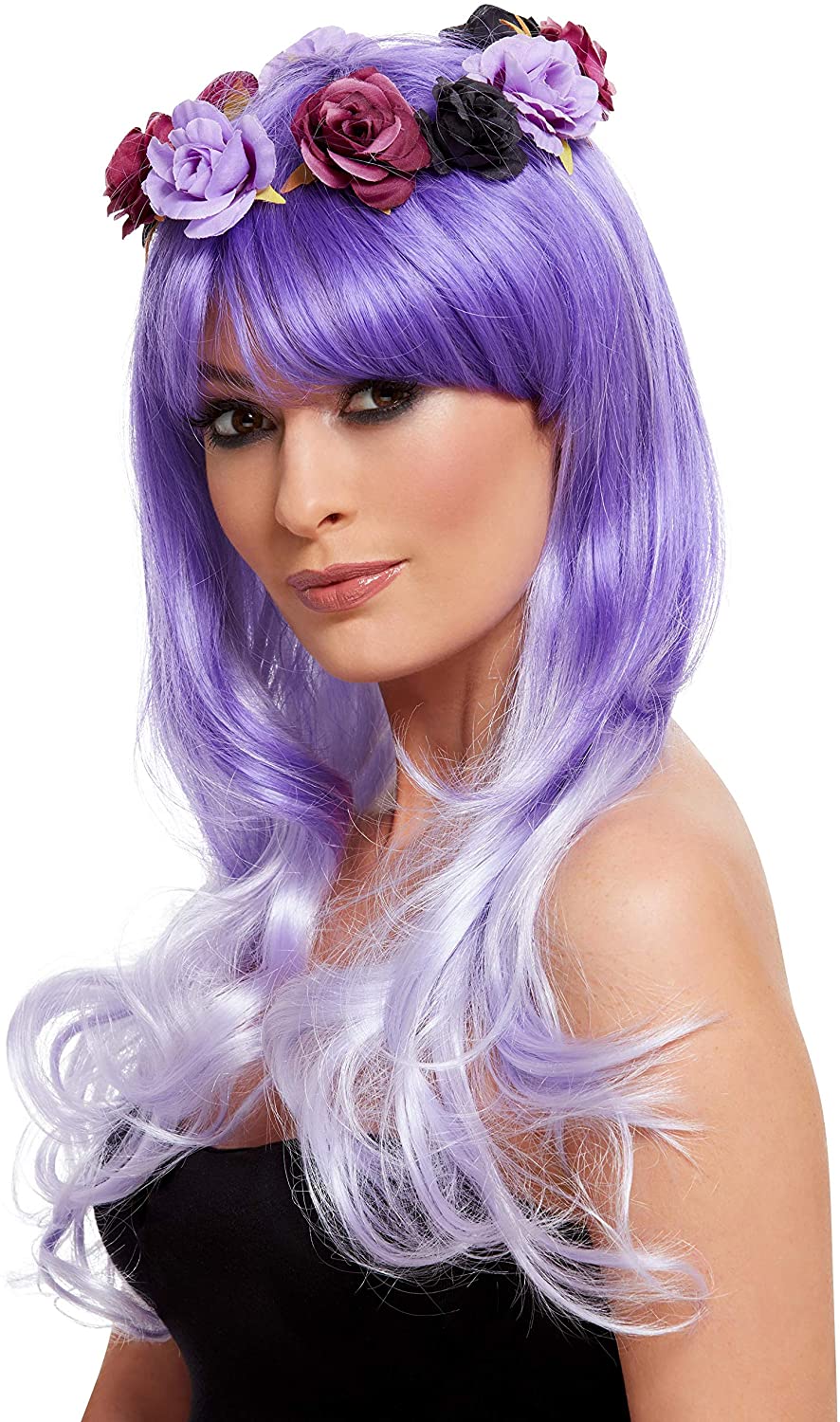Smiffys Deluxe Day of the Dead Glam Wig, Purple with Flowers, Mexican Day of The Dead/Sugar Fancy Dress, Halloween Dress Up Wigs