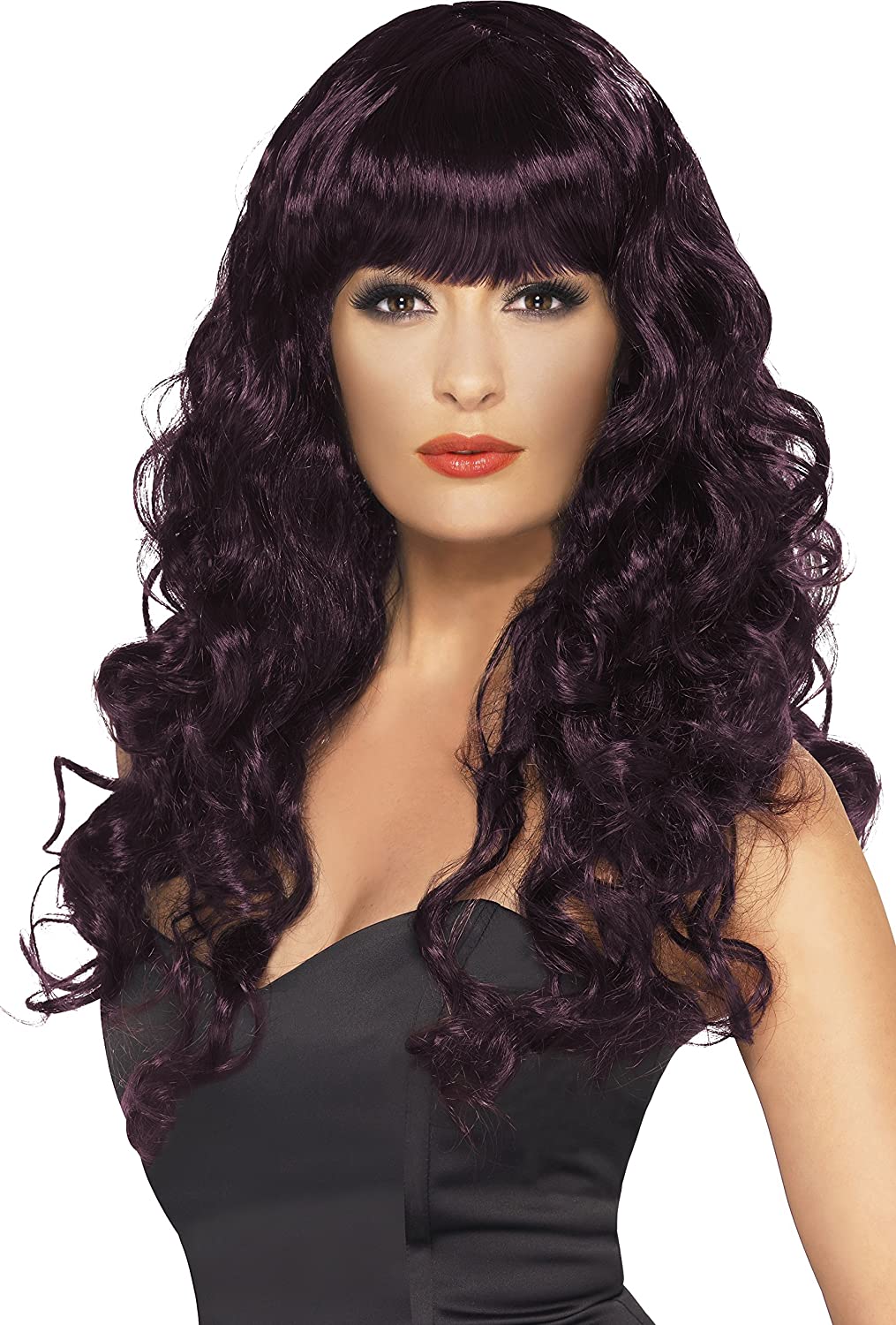 Smiffys Siren Wig, Plum Long, Curly with Fringe, Ladies Glamour Wigs Fancy Dress, Adult Dress Up Wigs
