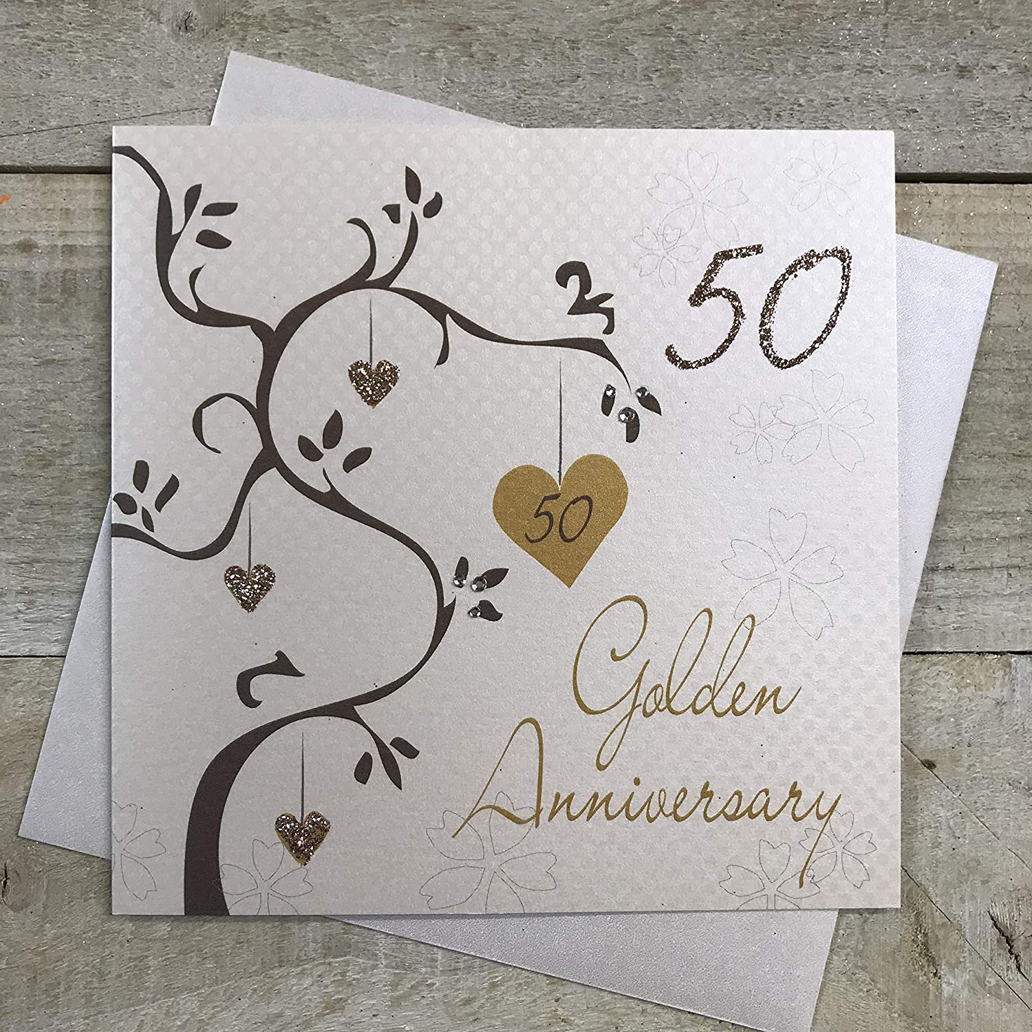 white cotton cards Golden Wedding, Handmade 50th Card (Anniversary Tree, Code AB50), 16cm x 16cm
