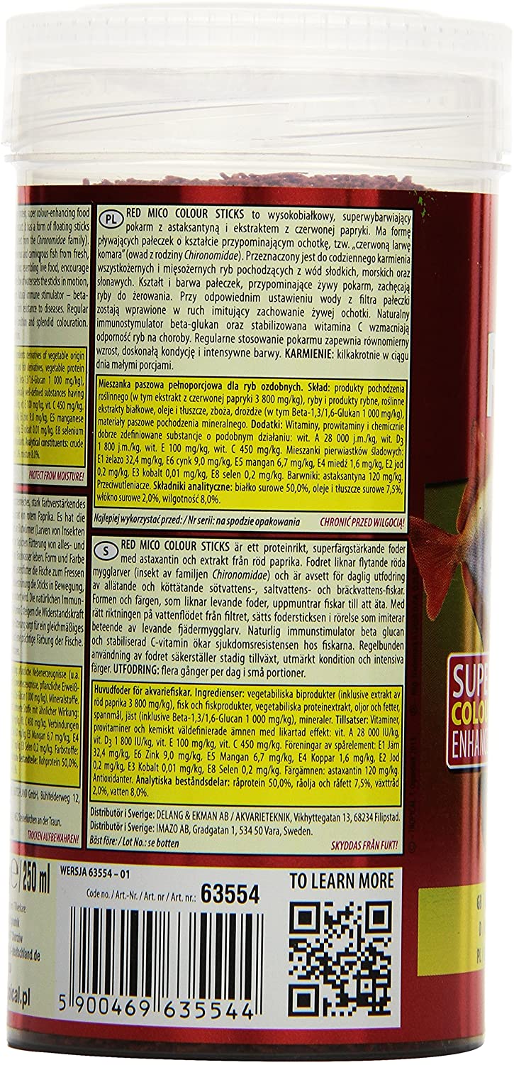 Tropical Red Mico Colour Sticks Freeze Dried Bloodworms Fish Food Pack of 1 x 250 ml, 250 ml (Pack of 1) - Image 2