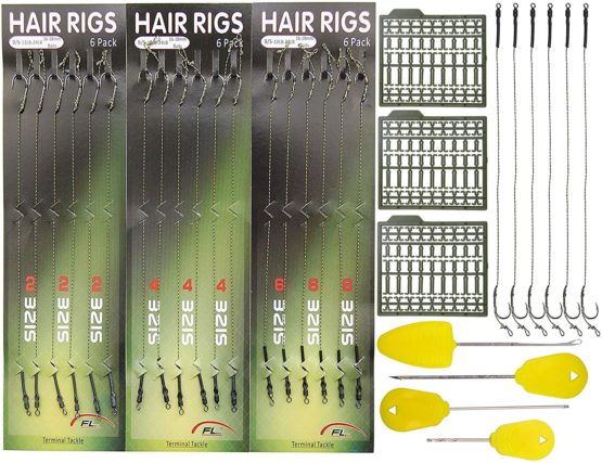 JSHANMEI 25pcs Carp Fishing Hair Rigs Kit, Including 18pcs Carp Rigs 3 Cards Boilie Stoppers and 4pcs Bait Needle Tool Carp Fishing Leader Rigging Terminal Tackle Set