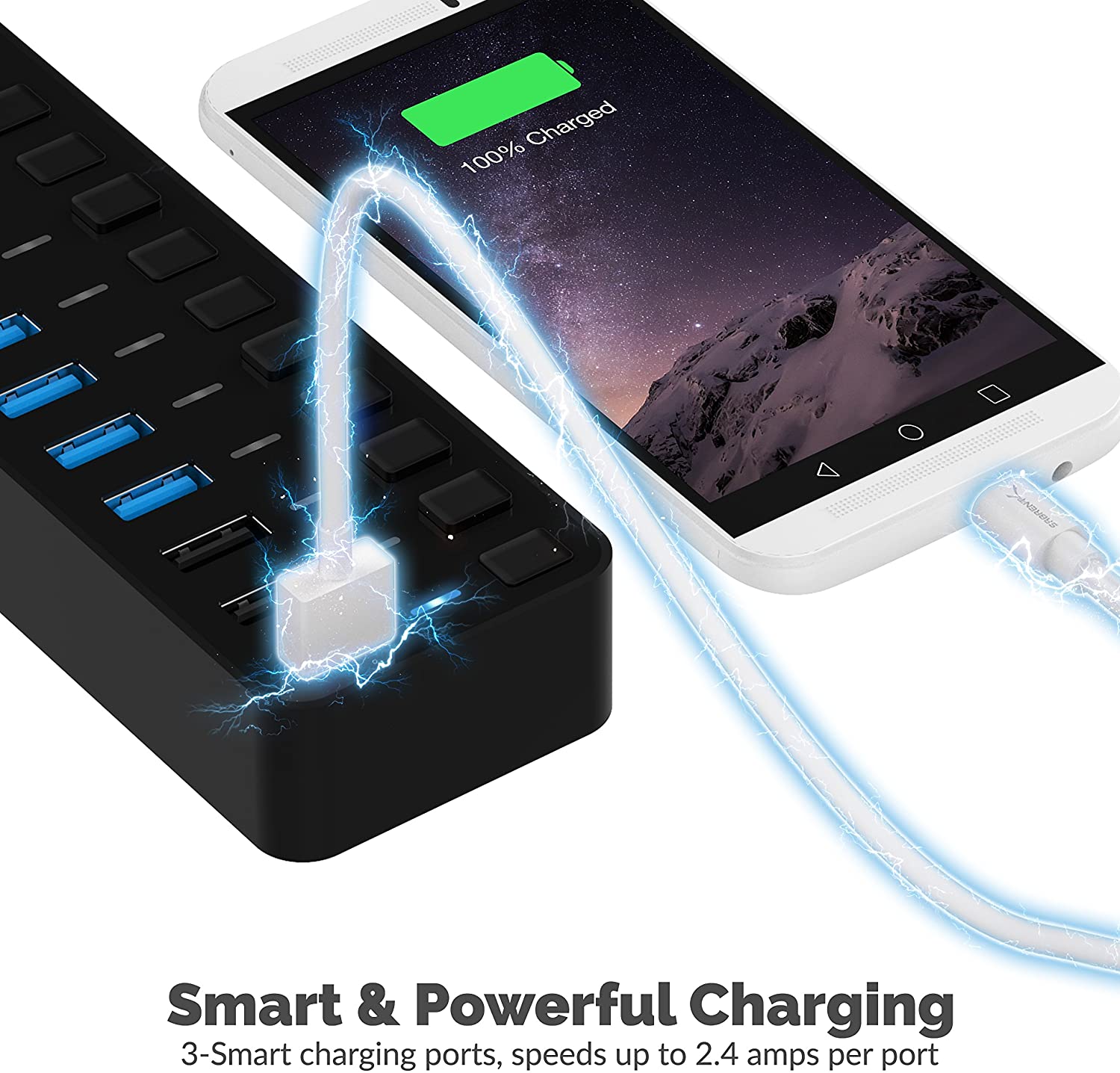 SABRENT Powered USB Hub 10 Ports 60W, 3 Smart Charging Ports, 7 Fast Data Transfer Ports, USB Docking Station with Switches (HB-B7C3) - Image 3