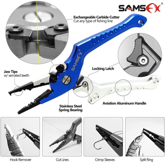 SAMSFX Aluminum Fishing Locking Pliers Saltwater Split Shot Ring Braid Cutter Hook Remover Pliers with Lanyard and Sheath, Quick Knot Tool Combo - Image 2