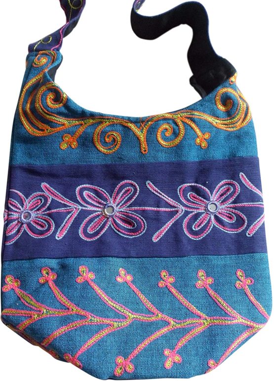 FAIR TRADE PADDED COTTON EMBROIDERED HIPPY BOHO SHOULDER SHOPPING BAG (Teal & Indigo) - Image 3