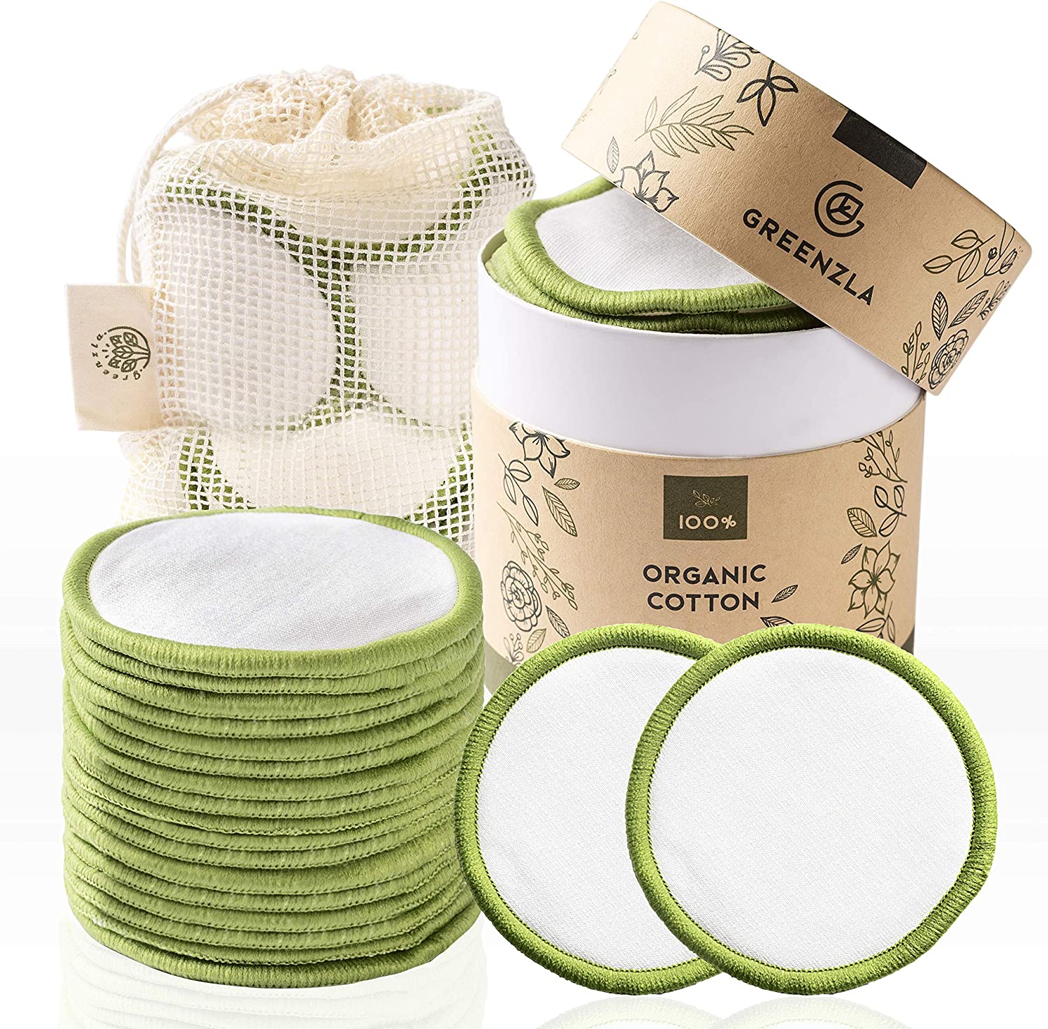 Greenzla Reusable Makeup Remover Pads (20 Pack) with Washable Laundry Bag and Round Box for Storage, 20 Count (Pack of 1)