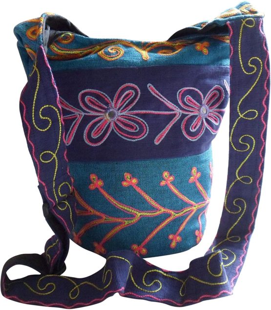 FAIR TRADE PADDED COTTON EMBROIDERED HIPPY BOHO SHOULDER SHOPPING BAG (Teal & Indigo)