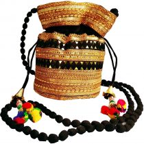 Purpledip Rich Velvet Potli Bag (Clutch, Drawstring Purse, Evening Handbag) For Women With Heavy Gold Embroidery Work and Colorful Tassels, Black(11479)