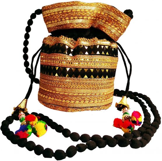 Purpledip Rich Velvet Potli Bag (Clutch, Drawstring Purse, Evening Handbag) For Women With Heavy Gold Embroidery Work and Colorful Tassels, Black(11479)