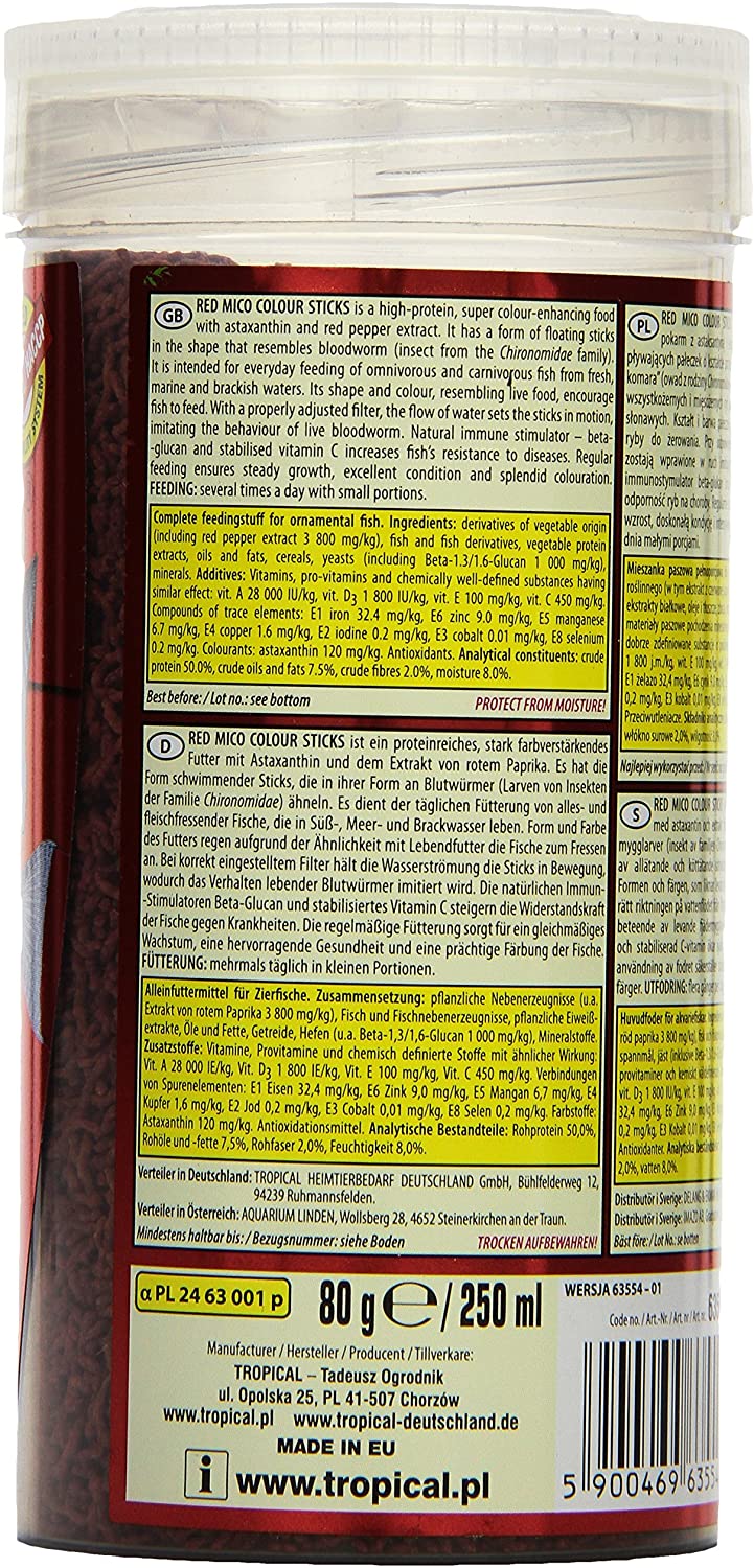 Tropical Red Mico Colour Sticks Freeze Dried Bloodworms Fish Food Pack of 1 x 250 ml, 250 ml (Pack of 1) - Image 3