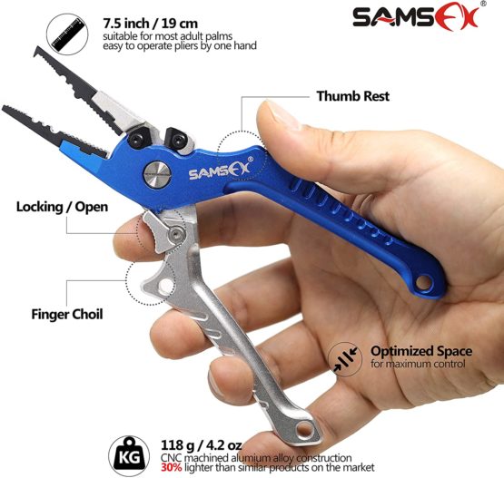 SAMSFX Aluminum Fishing Locking Pliers Saltwater Split Shot Ring Braid Cutter Hook Remover Pliers with Lanyard and Sheath, Quick Knot Tool Combo - Image 3
