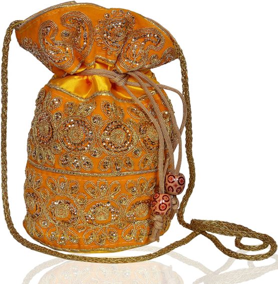 Purpledip Potli Bag (Clutch, Drawstring Purse) For Women With Intricate Gold Thread & Sequin Embroidery Work