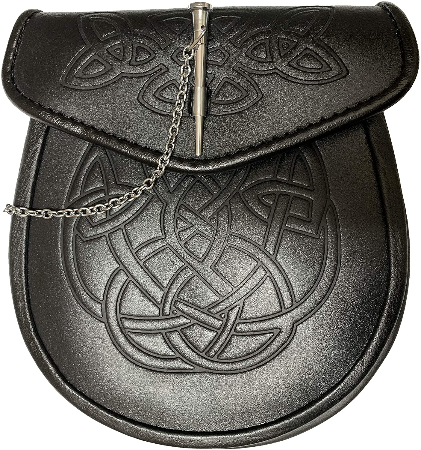 Hamilton Kilts Celtic pattern Leather Sporran Chrome Finish Wallet with Brass pin, Black