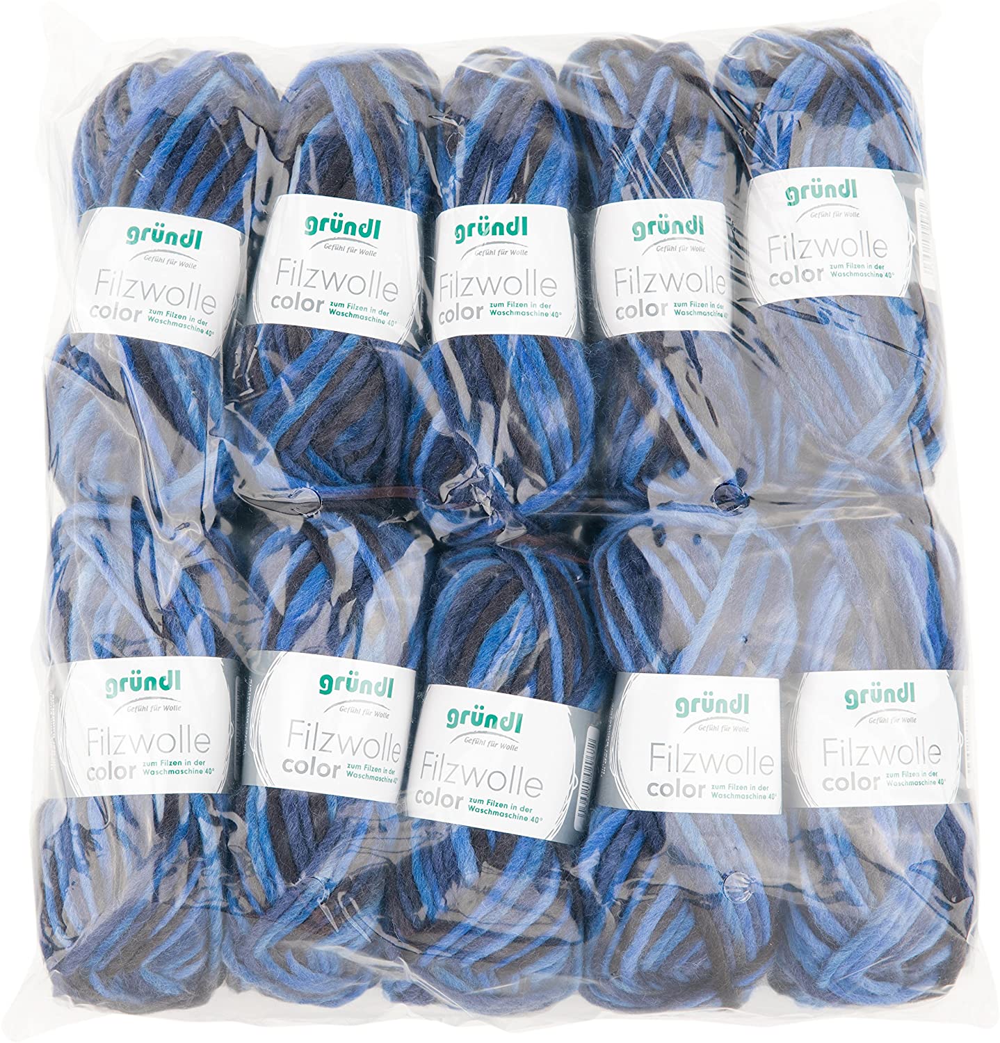 Gründl Filzwolle Color Felting Wool - Value Pack of 10 x 50 g Balls in Multi-Coloured Blue & Charcoal - 31 x 32 x 6 cm