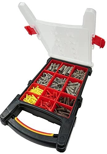 Merriway BH06621 (650 Pcs) Assortment of Grey Heavy Duty Rimless Nylon & Standard Size Wall Plugs in a 12 Compartment Carry Case
