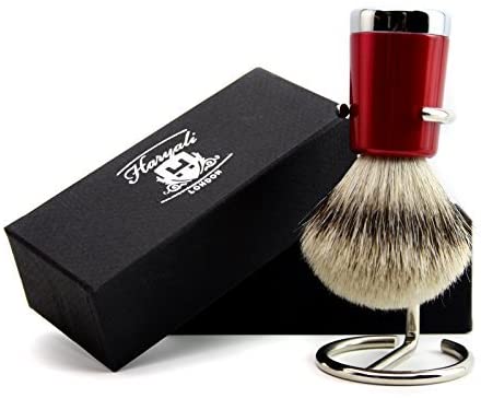 Mens Sliver Tip Badger Hair Shaving Brush with Shiny Red Base & Stainless Steel Brush Stand/Holder - Image 3