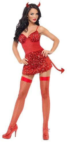 Smiffy's Fever Devil Glitter Dress with Tail Horn (XS), Red, women: 12-14