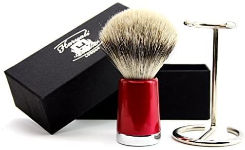 Mens Sliver Tip Badger Hair Shaving Brush with Shiny Red Base & Stainless Steel Brush Stand/Holder - Image 2