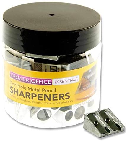 Premier Stationery Metal Twin Hole Pencil Sharpener (Pack of 30), Silver