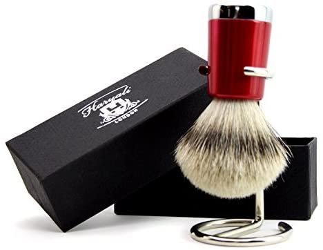 Mens Sliver Tip Badger Hair Shaving Brush with Shiny Red Base & Stainless Steel Brush Stand/Holder