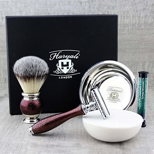 Haryali London Shaving Kit – 5 Pc Shaving Kit – Double Edge Safety Razor - Synthetic Hair Shaving Brush – Shaving Soap – Shaving Bowl – Alum – Antique Maroon Color Shaving Set as Gift - Image 4
