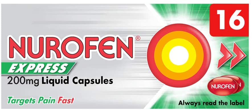 Nurofen Express Ibuprofen Liquid Capsules 200mg, 16 Count, Fast-Acting Relief for Period Pain Headaches, Migraines