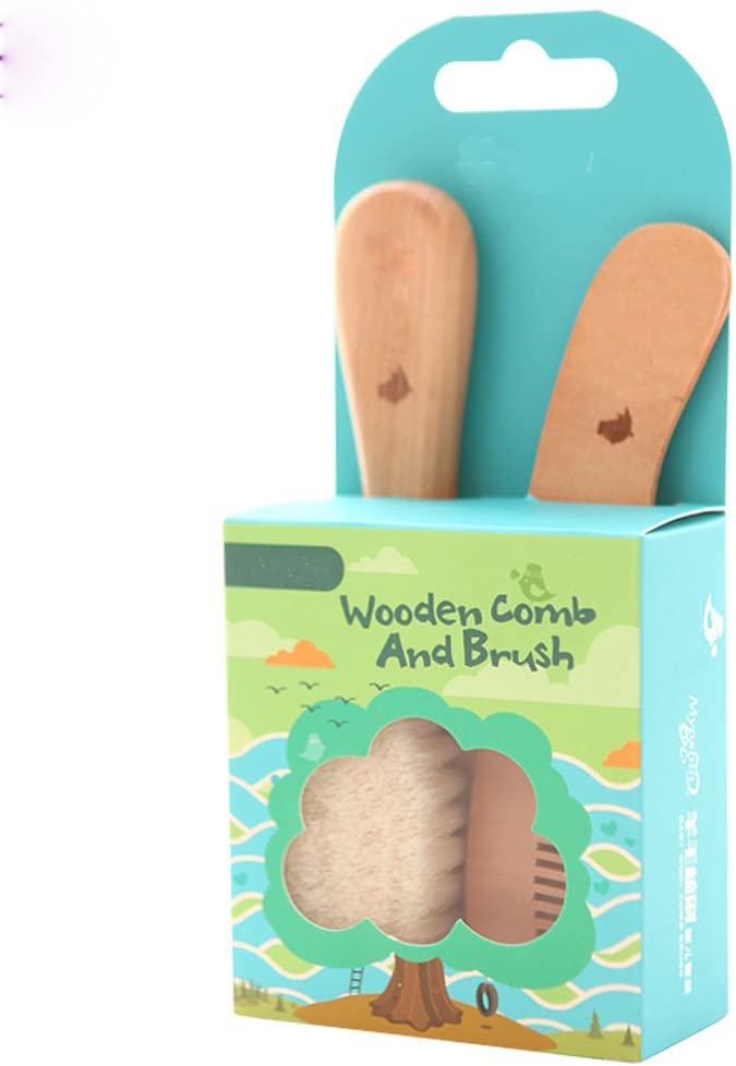 TAMUME Easy Grip Soft Goat Hair Baby Brush and Comb Set, Organic Wooden Brush Massager, Natural Wooden Hair Comb (Brush Set)