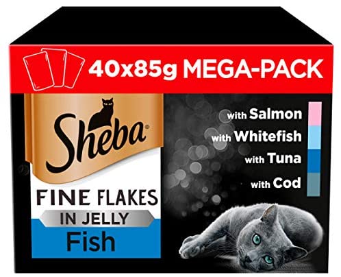 Sheba Fine Flakes in Jelly - Fish Collection - Wet cat food pouches for adult cats - 40x85g pack, Transparent, 85 g (Pack of 40)