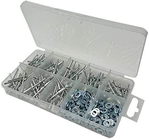 Merriway BH06581 (490 Pcs) Assortment of Alloy Pop Rivets & Flat Washers in a 10 Compartment Carry Case - Pack of 490 Pieces